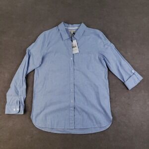 Barbour Beachfront Shirt Womens Size‎ 10 Blue White Striped Button Up Roll Tab